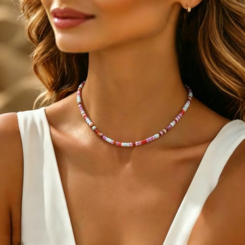 Tgirls Boho Choker Necklace Chain Rice Beaded Necklaces Seed Bead Necklace Accessory for Women - color: colorful 3