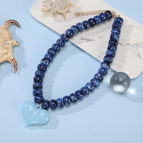 Chunky Colorful Beaded Statement Boho Summer Beach Chokers Necklace Heart Pendant Pink Green Yellow Brown Fashion Jewelry - color: Navy Blue puffy heart