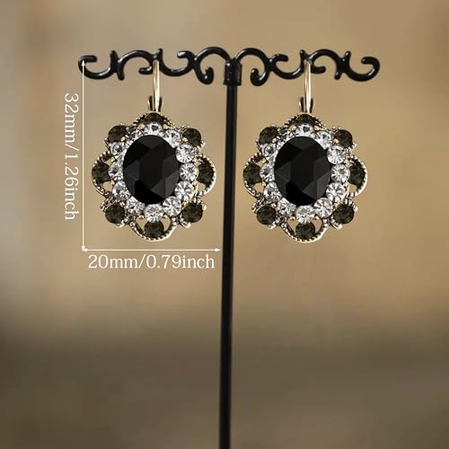 Handmade Bohemian Vintage Gold Sparkly Crystal Round Flower Leverback Earrings Cute Rhinestone Geometry Dangle Drop Earring for Women - color: Black
