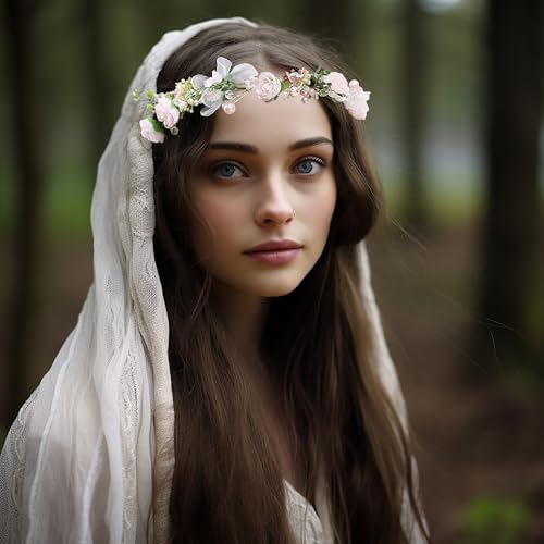 Vivivalue Pearl Flower Crown Floral Garland Headband Flower Halo Headpiece Hair Wreath Boho with Ribbon Wedding Party Festival Photos Pink - color: 5