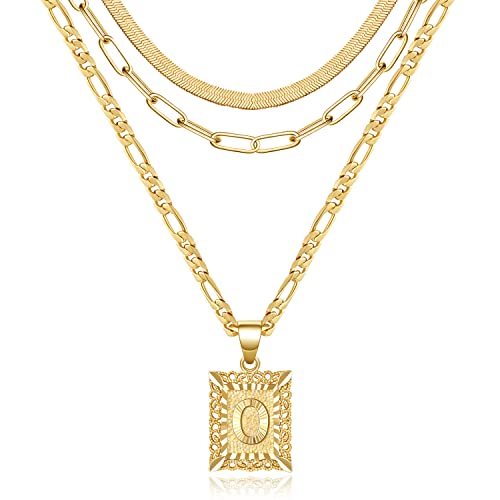 KissYan Gold Layered Necklace Set for Womens, 14K Gold Plated Initial Letter Pendant Necklaces Paperclip Snake Choker Alphabets from A-Z Figaro Chain Jewellery Gift - color: 3PCS, style: O
