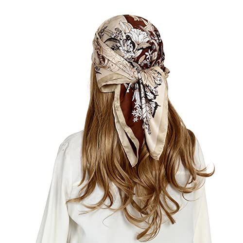 RIIQIICHY Women Head Hair Scarf Like Satin Silk Scarf Sleeping Hair Wrapping Night 27.5" - color: Khaki/Brown/White/Coffee
