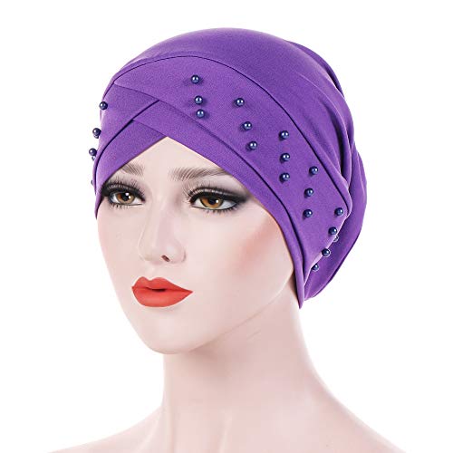 Women Beaded Silky Beanie, Pre-Tied Turban Head Wrap Cap for Chemo Chemical Cancer Hair Loss Cover Hat - color: Purple