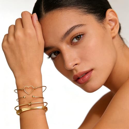 Alegend Titanium Steel (Not Rust, Resist Corruption, Easily Clean) 18K Gold Plated Single Bracelets + 14K Gold Plated Stackable Multilayer Bracelets - style: 14KGold + 4PCS D