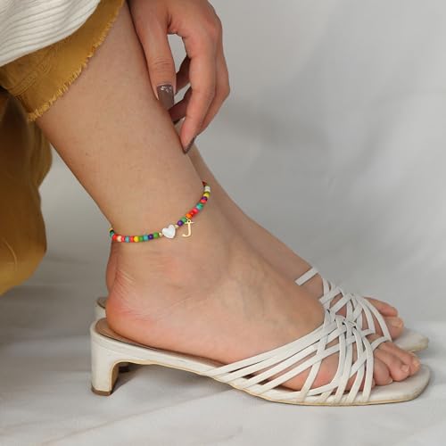 Honsny Ankle Bracelets for Women Initial Anklets Waterproof Boho Beaded Dainty Ankle Bracelets for Teen Letter Heart Handmade Adjustable Foot Chain Anklet Summer Vacation Colorful Jewelry Gift - style: C