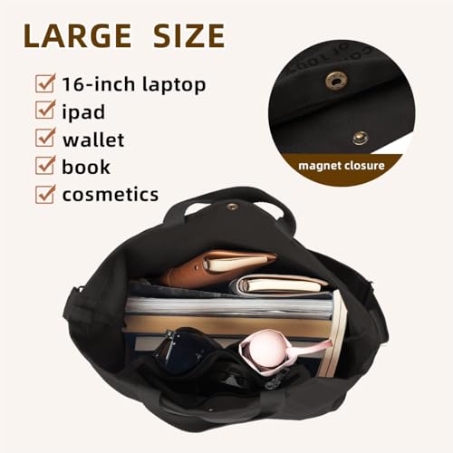 Canvas Tote Bag For Women inside out bag Crossbody Handbag with Adjustable Strap and Coin Purse for Work,Travel,Grocery - color: Black