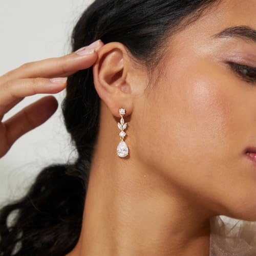 LLWOM 14K Gold/White Gold Plated CZ/Flower/North Star/Leaf Dangle Drop Earrings Studs for Women, Statement Earrings for Wedding Party Prom, Hypoallergenic Jewelry Gift - color: Gold Leaf Teardrop