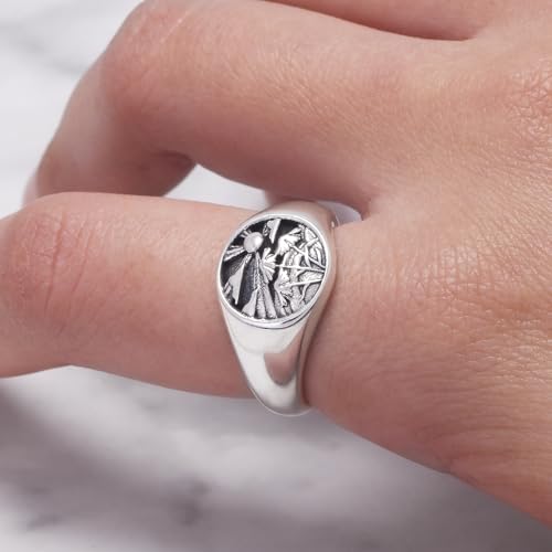 925 Sterling Silver Chunky Signet Rings for Men Women Coin Ring Mens Pinky Ring Engraved Sun Tree Jewelry Size 6-13 - color: Silver