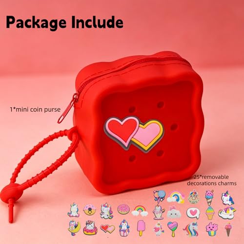 Soft Silicone Zipper Coin Purse Lovely Cartoon Hole Design Miniature Wallet Children's Storage Pouches Organizers For Kid with 25pcs DIY Charms (Red) - color: Red