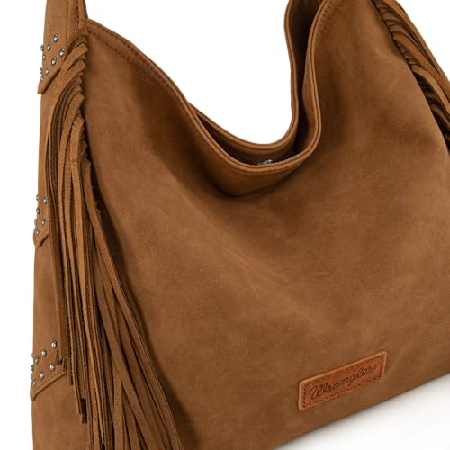 Wrangler Fringe Suede Hobo Bag for Women Leather Western Fringe Purse Tassel Hippie Shoulder Bag - color: Bright Brown