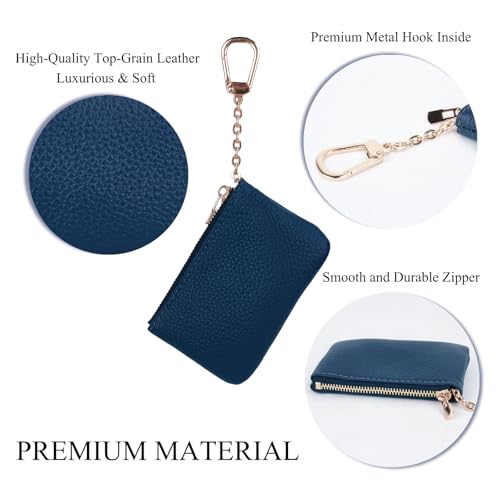Full Grain Leather Coin Purse with Key Chain - Small Change Purse Keychain Card Holder Keychain Pouch Small Keychain Wallet for Women and Men (Navy Blue), LA-2312 - color: Navy Blue, Regular Size