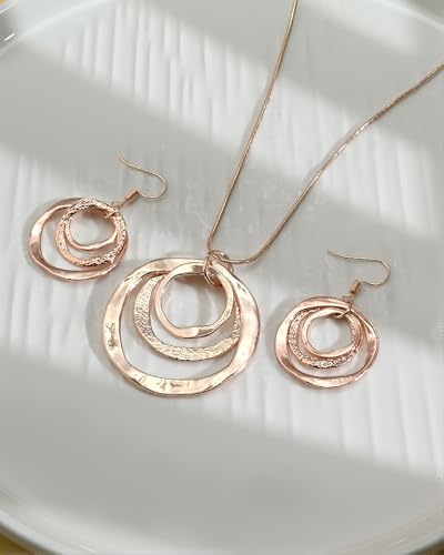 Hypoallergenic Silver Circle & Dangle Earrings and Necklace Set for Women Geometric Boho Style Hoop Jewelry for Women-Lightweight & Dangling-Gift for Bohemian Fashionistas - color: Rose Gold