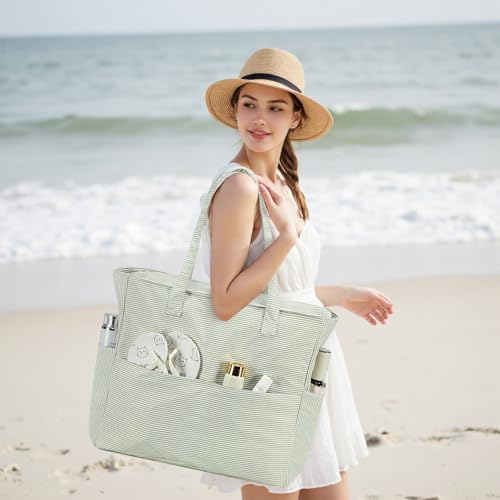 Bluboon Waterproof Beach Tote Pool Bags for Women Ladies Extra Large Carry On Bag With Wet Compartment for Weekender Travel - color: Grass Green White Grid Stripes