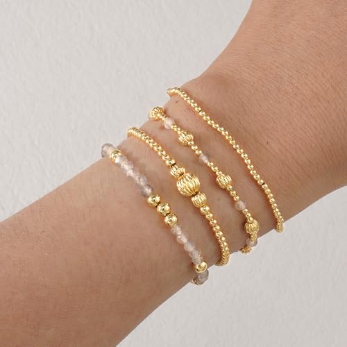 Dainty 14K Gold Lantern Beaded Bracelets Stack for Women,4PCS Colorful Glass Beads Stretch Stackable Bracelets Set Fashion Prom Jewelry Gift Friendship - color: White