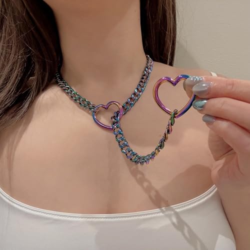 Heart O-ring Slip Chain Necklace For Women, Handmade Punk Gothic Cuban Necklace Jewelry Adjustable Lariat Y-Necklace - color: Rainbow, size: 29"
