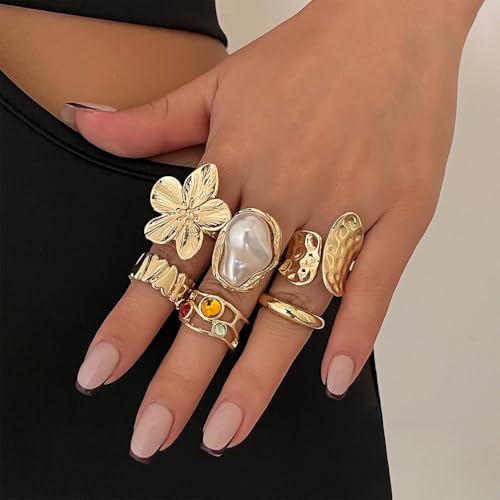 6Pcs Gold Flower Crystal Chunky Knuckle Rings Stacked for Women, Statement Stack Zirconia Hammered Geometry Irregular Baroque Pearl Open Ring Jewelry Gift - color: Gold