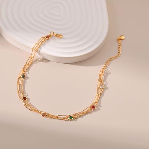 Yumikoo 18k Gold Plated Anklet Ankle Bracelets for Women - style: Colorful Rhinestones and Chunky Chain