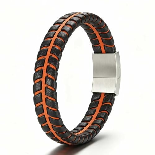 Men's Leather Bracelet, Stackable Stainless Steel Clasp Bracelets for Men Stylish Birthday, Thanksgiving, Valentine's Day Gift for My Man - style: 8.4" Orange and Black