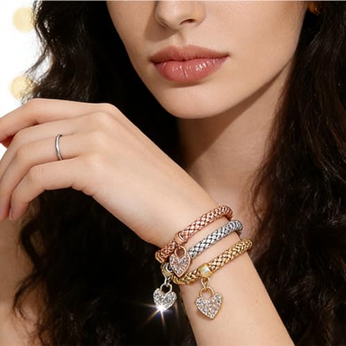 Alegend Titanium Steel (Not Rust, Resist Corruption, Easily Clean) 18K Gold Plated Single Bracelets + 14K Gold Plated Stackable Multilayer Bracelets - style: 14KGold Heart-Shaped Diamond-Inlaid