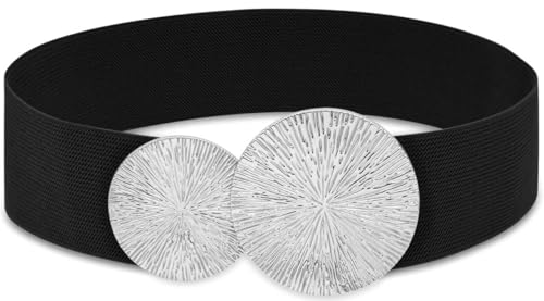 Women Wide Stretchy Waist Belts Elastic Cinch Belt for Dresses - color: Black Band Silver Buckle, size: Fit Waist 26"-28"