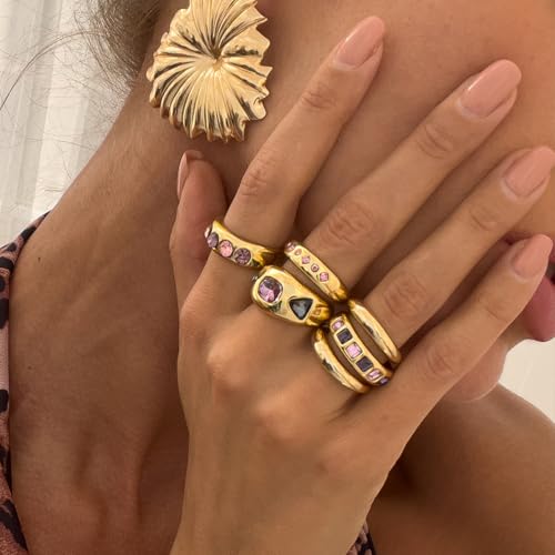 Chunky Gold Rings for Women Non Tarnish Silver Chunky Rings Set Adjustable Thick Statement Ring Gold Stackable Ring for Women Trendy Fashion Silver Jewelry - style: Style8-Purple Gemstone 6Pcs