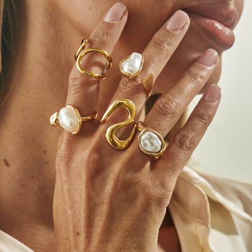 Chunky Gold Pearl Rings for Women Vintage Baroque Pearl Rings Set Open Stacking Pearls Ring Set Irregular Geometric Pearls Ring Boho Prom Costumes Fashion Jewelry Accessories - style: 5PCS C