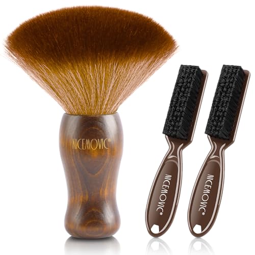 NICEMOVIC 3 IN 1 Barber Neck Duster Brush Set, Professional Barber Accessories Cleaning Supplies, Duster Nylon Brush Hair Cutting Styling Brush Tool (Brown&Brown) - color: Brown&Brown
