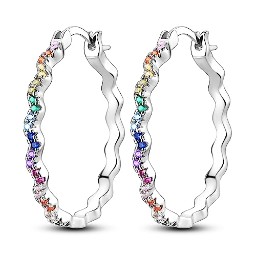 NARMO 925 Sterling Silver Hoop Earrings for Women Hypoallergenic Lightweight Simple Huggie Hoop Earrings Twisted Hoop Earrings Colorful Cubic Zirconia Hoop Earrings Rainbow Hoop Earrings - color: Rainbow