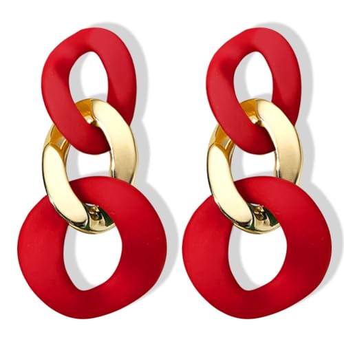 Charm Elegant Hollow Color Chain Acrylic Geometric Temperament Dangle Drop Earrings Bohemian Minimalist Hypoallergenic Jewelry Gift - color: Red Gold Red Earrings