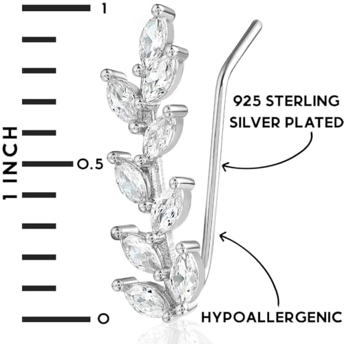 14K Gold or 925 Sterling Silver Plated Ear Crawler Earrings for Women - Crystal Leaf Ear Climber Earrings - Hypoallergenic, Safe for Sensitive Ears - color: 925 Sterling Silver Plated