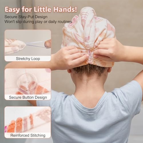 Basumee Microfiber Hair Towel Wrap for Kids 2 Pack Rapid Drying Hair Towel with Button Hair Turbans for Wet Hair Wraps Head Towel Wrap for Women and Girls - color: Brown Pink Rainbow