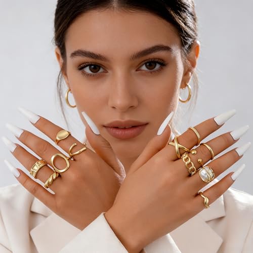 Chunky Gold Rings Set for Women Stackable Statement Ring Sets Non Tarnish Adjustable Open Knuckle Rings Irregular Gold Jewelry Set Trendy Prom Outfits Accessories - color: gold3