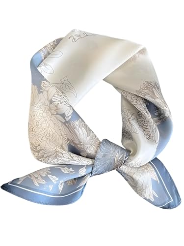100% Mulberry Silk Scarf for Women Hair Lightweight Square Neckerchief Wrap For Head Scarves 21" - color: 17-light Blue Daisy /21"*21"