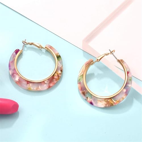 Boho Acrylic Hoop Earrings Bohemian Statement Colorful Acetate Lucite Tortoise Shell Resin Geometric Big Lightweight C Open Hoops Earrings for Women Prom Party Holiday Fashion Jewerly Gifts - color: Gold colorful