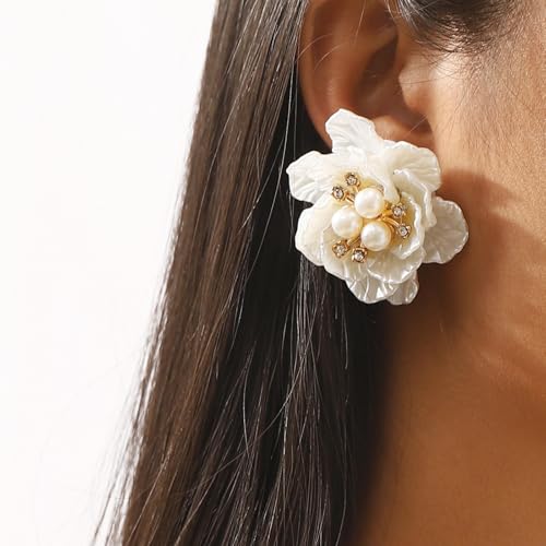 Shell Flower Pearl Stud Earrings Necklace for Women Boho Statement Acrylic White Camellia Seashell Flowers Floral Chic Earrings for Wedding Bridal Christmas Party Holiday Trendy Jewelry