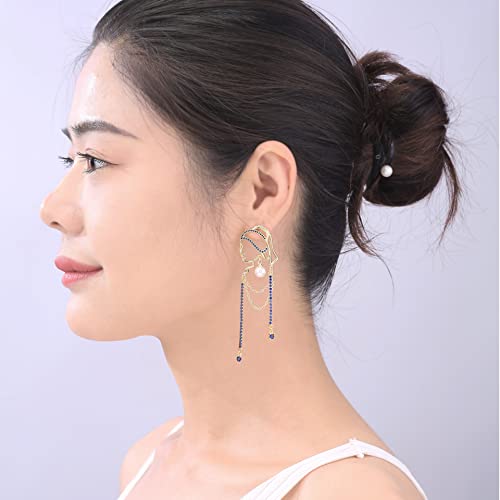 Unique Abstract Face Art | Dangle Statement Long Earrings for Women | Rhinestone Tassel Handmade Chandelier Earrings - color: Golden Blue Diamond