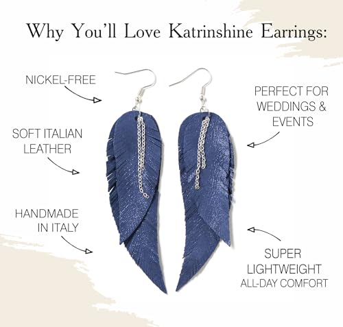Black shiny Leather Feather Earrings for Women, Lightweight Minimal Boho Dangle Earrings, Small Simple Everyday Jewelry - color: Dark blue shiny