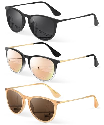 KALIYADI Sunglasses Womens Polarized Womens-Sunglasses: Trendy Sun Glasses with UV400 Retro Style for Party Beach Shopping - color: C9 Black/Grey + Black/Champagne Gold + Khakik/Tea Brown