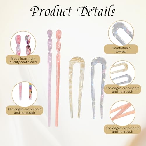 10 PCS Acetate Hair Sticks Set, 6 PC Acetate Hair Chopsticks and 4 PC U-Shaped French Hairs Forks Tortoise Shell Haipin Retro Chinese Hairpins Vintage Hairstyle Accessories for Women Girls Updos Buns