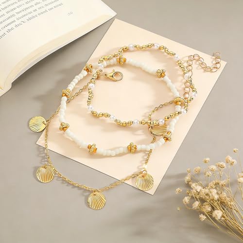 Starfish Seashell Ankle for Women ，14K Gold Bead Handmade Adjustable Plated Boho Shell Anklet ， Foot Chain Jewelry for Summer Beach Vacation - color: Seashell 3Pcs
