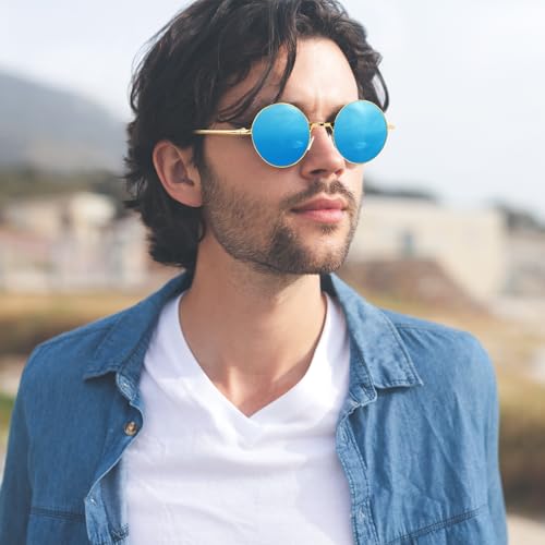 NACHLYNN Round Hippie Sunglasses Metal Border Circle Hippie Glasses UV380 Protection 70s Sunglasses for Men Women Party Favor - color: Blue