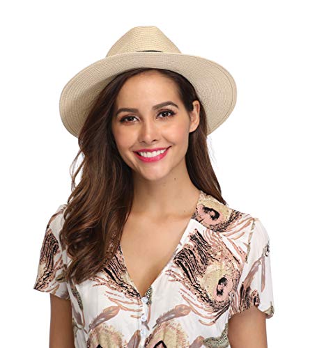 Lanzom Women Wide Brim Straw Panama Roll up Hat Fedora Beach Sun Hat UPF50+ - color: Beige/Brown, size: One Size-Medium