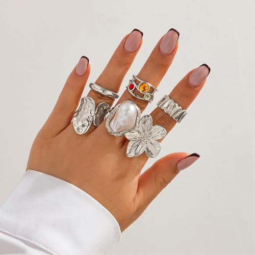 Chunky Gold Rings for Women Non Tarnish Boho Stackable Rings Set Adjustable Open Joint Finger Midi Knuckle Ring Packs - color: Silver Chunky Rings 6Pcs