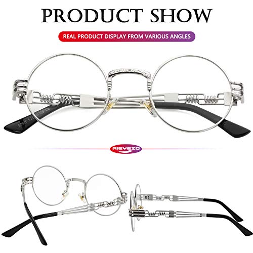 AIEYEZO Round Steampunk Sunglasses for Men Women Retro Circle Hippie Glasses Metal Frame 100% UV Blocking Lens - color: Silver/Clear
