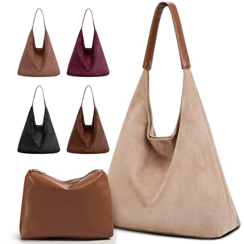 2-Piece Vegan Leather Purse Set for Women: Slouchy Hobo Shoulder Bag & Suede Tote Bag - color: Beige