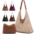 2-Piece Vegan Leather Purse Set for Women: Slouchy Hobo Shoulder Bag & Suede Tote Bag - color: Beige