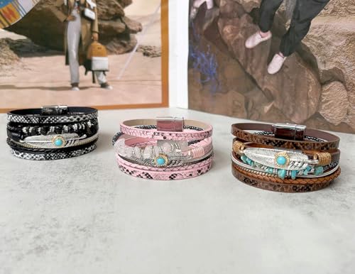 Turquoise Bracelet for Women, Boho Multilayer Leather Bracelet with Feather and Magnetic Clasp, Western Turquoise Jewelry - color: Black-Obsidian