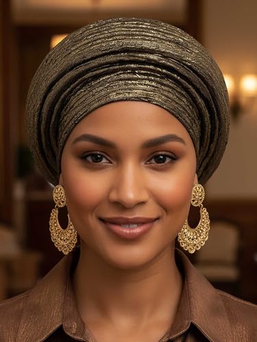 Woeoe African Head Wraps for Black Women Gold Pre Tied Headdress Wedding Turban Hats - color: Gold