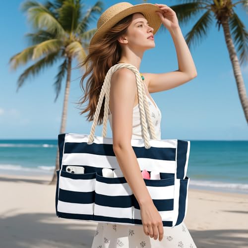 Becokan Beach Bags for Women Canvas Large Beach Tote Bag Zipper Waterproof Sandproof Foldable Swim Pool Bag with 7 Pockets - color: Dark Blue