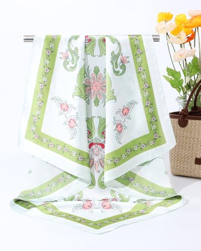AWAYTR 27.5” Square Satin Head Scarf Hair Scarf for Women's Hair Silk Bandana for Women Silk Head Wrap for Sleeping - color: Flowers (Light Green)